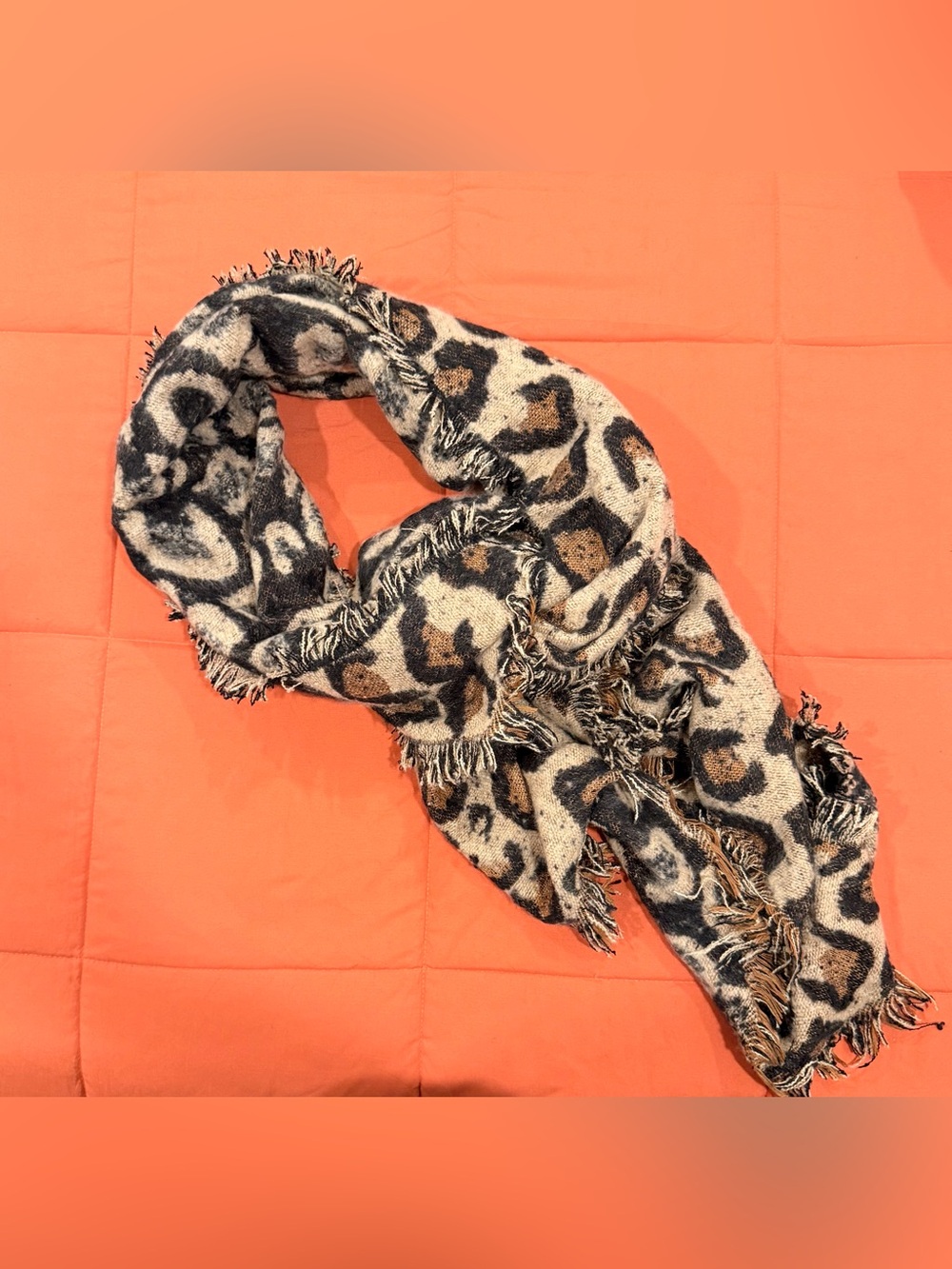 Leopard Print Fringe Scarf in Black, Brown & Cream
